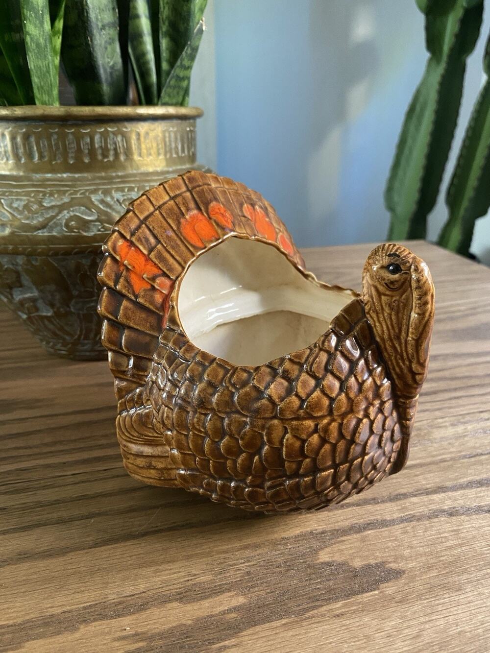Vintage Hand Painted Ceramic Turkey Planter Thanksgiving Fall Farmhouse